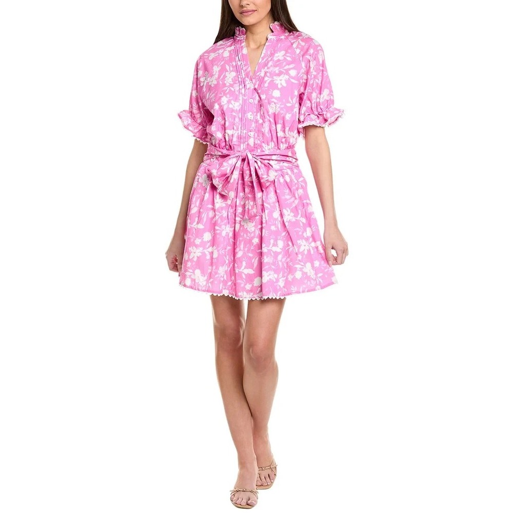 Kourt Women Preppy Mini Dress XL Pink White Floral Spring Easter‎ Lined Cotton
